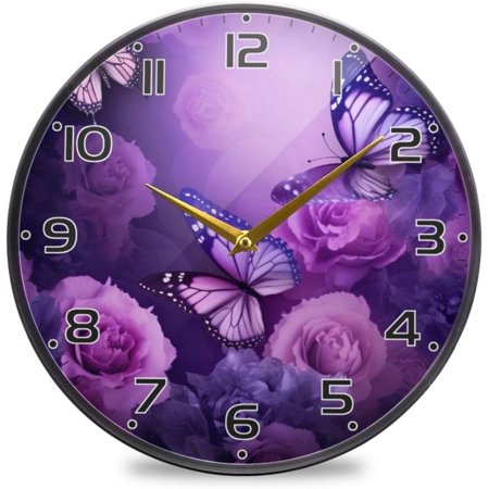 Purple Flowers Butterflies Wall Clock Round Silent Non Ticking Battery Operated Accurate Arabic Numerals Design Clocks for Home Kitchen Living Room Bedroom 9.5inch Home Decor