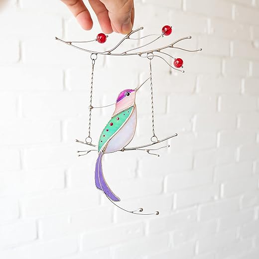 Purple Hummingbird Handmade Stained Glass Suncatcher Stained Glass Window Hanging Unique Indoor Ornament & Outdoor Decor