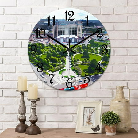 Pvc Wall Clock Detroit Skyline Hanging Clocks Detroit City Scenery City View Landscape Round Clock 12In Battery Operated Country Frameless Clocks For Living Room Bedroom Nursery Office