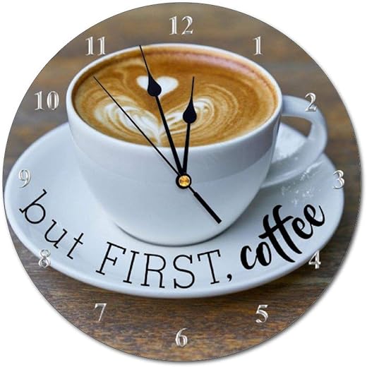 PVC Wall Clock with Funny But First Coffee Cup Kitchen Round Wall Clock for Home Wall Office Decoration 10 Inches