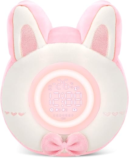 QANYI Bunny Plush Alarm Clock Night Light, Cute Stuffed Animals with LED Display Clock Adjustable Light, Toys for 5-12 Year Old Girls, Kawaii Birthday Gifts for Kids Teens Girls Women