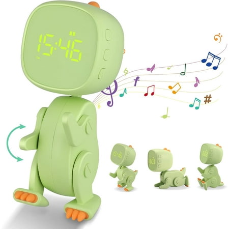 QIGEEKU Digital Alarm Clock for Children, Boys, Dinosaur Alarm Clock with Variable Shape, Snooze, Night Light Timer, 6 Alarm Music, Adjustable Brightness and Volume, USB Charging (Green)