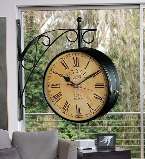 QLP Black Color 10 Inch Metal Analog Vintage Railway Station Antique Style Double Sided Wall Clock for Home Decor