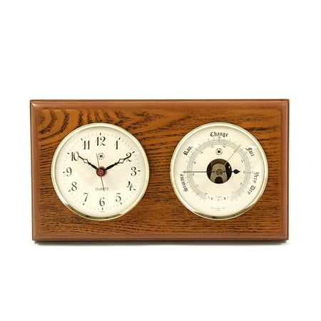 Quartz Clock and Barometer on Oak Wood with Brass Bezel. Wall Mounts Vertically or Horizontally.