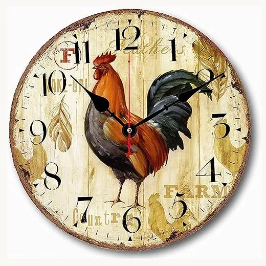 Qukueoy 12 Inch Vintage Farmhouse Kitchen Wall Clocks Battery Operated Rooster Analog Clock for Dinning Living Room Decor,Thicken Wood Board,Non-Ticking