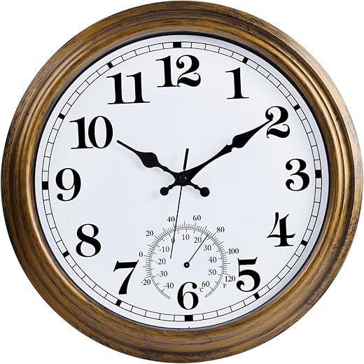 QWARVEL 16 Inch Large Outdoor Clock, Retro Waterproof Indoor/Outdoor Clock Non-Ticking Clock with Thermometer, Battery Operated Wall Clock for Patio, Garden, Pool - Bronze