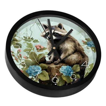 Raccoon on Tree Stump Silent Wall Clock, Non Ticking Battery Operated 9.8 Inch Wall Clocks for Bedroom Kitchen Home Office School Art Decor