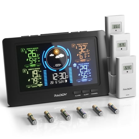 Raddy WF-80C Weather Station with 3 Remote Sensors, 7.5 Large Color Display, Monitoring Temperature, Humidity, Barometric Pressure with Weather Forecast, Moon Phase, Atomic Clock, Alarm Clocks