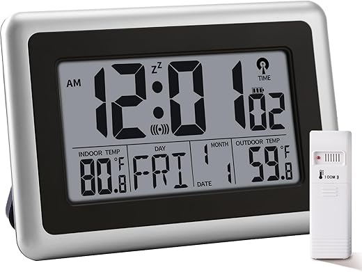 Radio Controlled Digital Clock Battry Operated, Large Display Atomic Alarm Clock with Indoor Outdoor Temeperature, Wall/Desk Clocks for Bedroom, Livingroon, Office