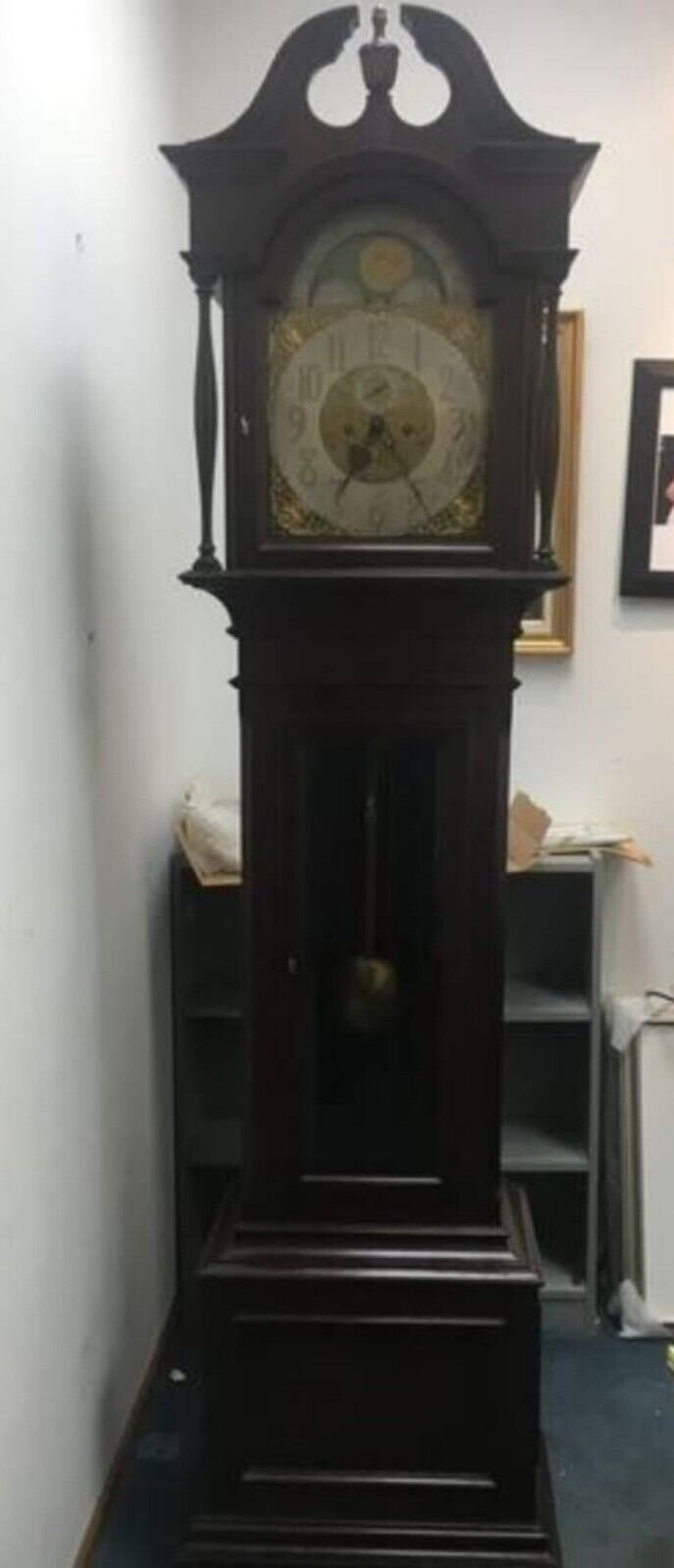 Rare Automaton German Grandfather Clock, Moon Phase dial full column bonnet.