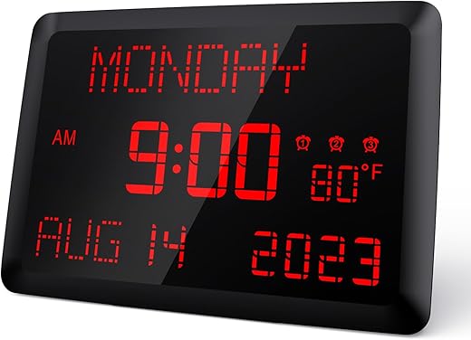 Raynic Digital Clock, 11.5 Large Display Digital Wall Clock,Adjustable Brightness Calendar Clock with Day and Date, Indoor Temperature, Snooze,12/24H, DST for Home, Office, Elderly