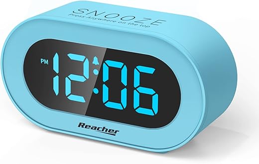 REACHER Kids Blue Alarm Clock with Snooze, Simple to Operate, 0-100% Dimmer, Adjustable Volume, Outlet Powered, Small LED Boys Clock for Bedrooms