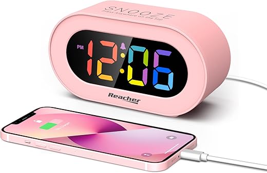 REACHER Pink Girls Alarm Clock, Dimmable Colorful LED Digital Display, USB Phone Charger Port, Simple Operation for Kids, Adults, Adjustable Volume, Snooze, Small Size for Bedrooms, Bedside, Desk