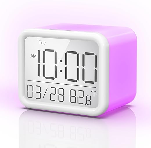 REACHER Rechargeable Alarm Clock Battery Powered for Kids, Digital Alarm Clocks for Bedrooms, 7 Colors Night Light, 8 Alarm Sounds, Portable Alarm Clock for Travel, Dimmer, Adjustable Volumes, White