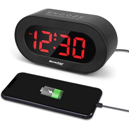 REACHER Small LED Digital Alarm Clock with Simple Operation, Full Range Brightness Dimmer, USB Phone Charger Port, Easy Snooze, Adjustable Alarm Volume, Outlet Powered for Bedrooms Bedside(Black)