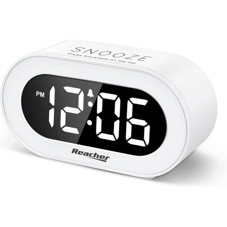 REACHER Small LED Digital Alarm Clock with Snooze, Simple to Operate, Full Range Brightness Dimmer, Adjustable Alarm Volume, Outlet Powered Compact Clock for Bedrooms, Bedside, Desk, Shelf(White)