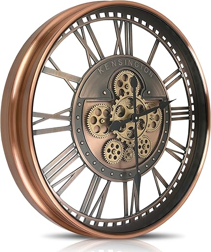 Real Moving Gears Wall Clock Large Modern Metal Clocks for Living Room Decor, Industrial Steampunk Unique Vintage Rustic Decorative Clock for Home Farmhouse Office, 27.6 Inch,Red Copper Roman