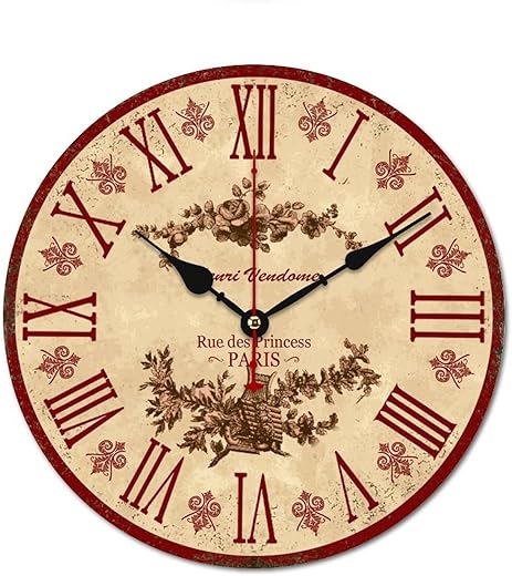 Red French Toile Wall Clock Battery Operated Office Decorative Wall Clock 12in Rustic Vintage Country Retro Clock for House School She Shed Wall Hanging