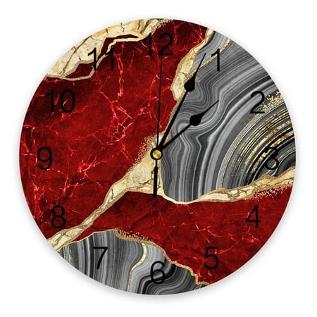 Red Marble Texture Wall Clock Large Modern Kitchen Dinning Round Wall Clocks Bedroom Silent Hanging Watch