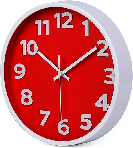 Red Wall Clock 10 Inch Silent Non-Ticking Battery Operated,Small Modern Wall Clocks Quality Quartz Analog Clock Decorative for Kitchen Home School Office, 3D Numbers Easy to Read