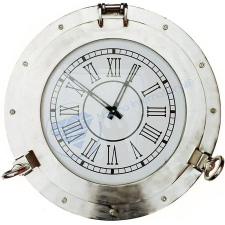 Refined Sophistication: The 20-Inch Nickel Polished Aluminum Porthole Clock, Exquisite Round Ears, and White Roman Dial