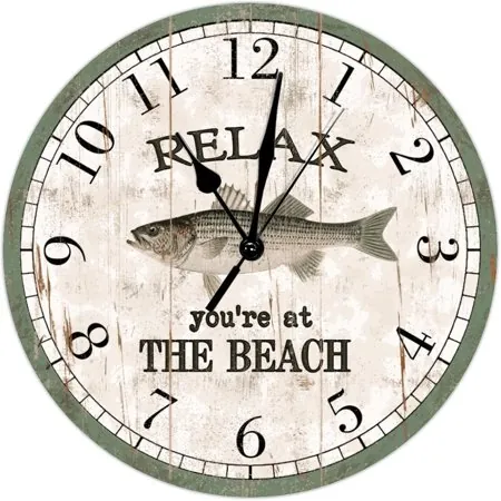 Relax You'Re At The Beach Art Clock 12Inch Round Clocks Striped Bass Beach Decor Decorative Wall Clocks Quartz Battery Operated Wall Clock Farmhouse Beach Home Decoration For Kitchen Dinning Room