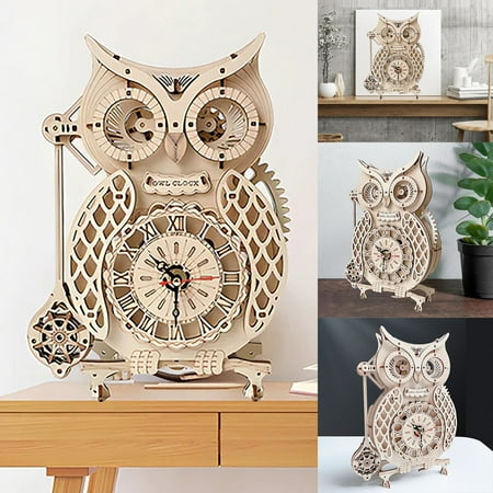 Relocy Crazy Clearance Owl Table Clock, 3D Wooden Puzzle Owl Clock DIY Home Decoration L Aser Cut Mechanical Model Stunning Gifts for Adults and Teens (Owl Clock) Beige, Wood, 1x Owl Table Clock