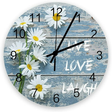 Retro 12 Inch Waterproof Wall Clock Silent Non-Ticking Battery Operated for Home Classroom Conference Room Wall Decorative Clock - White Flowers Floral Daisy Live Love Laugh Blue Rustic