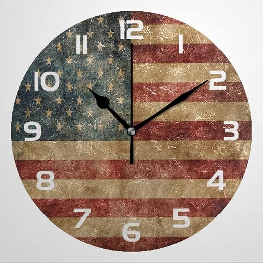 Retro American Flag Wall Clock Arabic Numerals Wood Clock 10 Silent Non-Ticking Quartz Battery Operated Clock for Living Room Kitchen Bedroom Farmhouse Home Decor Birthday Wedding Gift