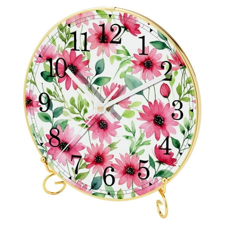 Retro Analog Clock, Desk Clock, Wall Clock, Silent Non Ticking Clock for Bedroom, Living Room, Bedside, Gift Clock, Art Watercolor Flower Floral Pink