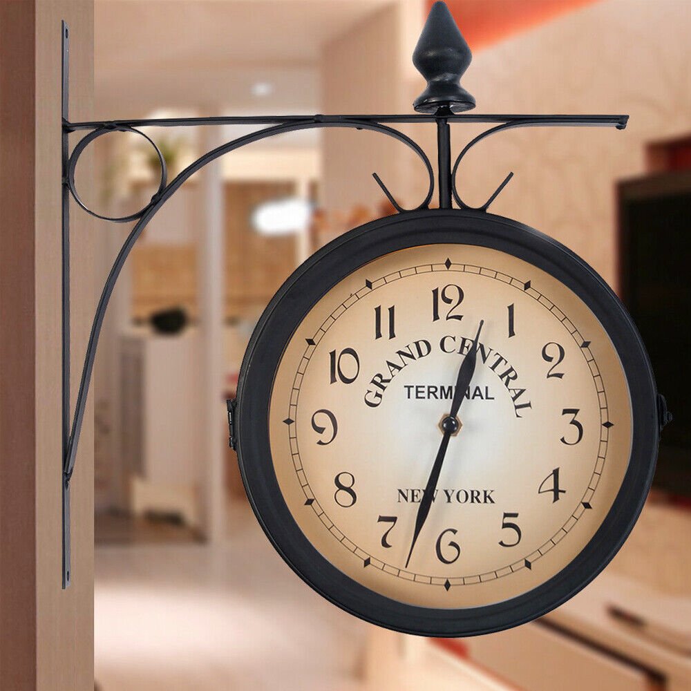 Retro Antique Double Sided Wall Clock Hanging Outdoor Station Quartz Battery USA