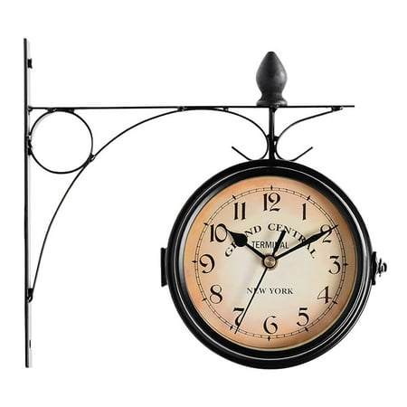 Retro Antique Double Sided Wall Clock Hanging Outdoor Station Quartz Battery USA