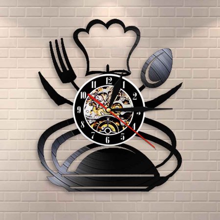 Retro Fork Knife And Spoon Kitchen Wall Art Wall Clock Silverware Design Dining Room Wall Decor Cutlery Vinyl Record Wall Clock