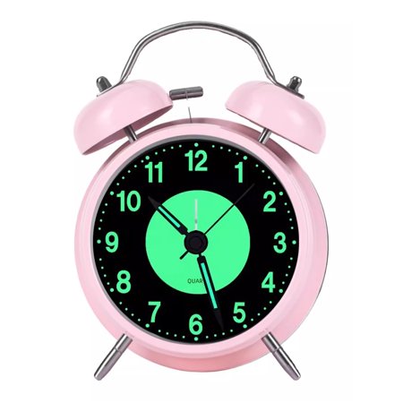 Retro Metal Twin Bell Alarm Clock with Backlight Luminous Dial Silent Non-Ticking Quartz Analog Desk Clocks Night Light 3-inch Pink