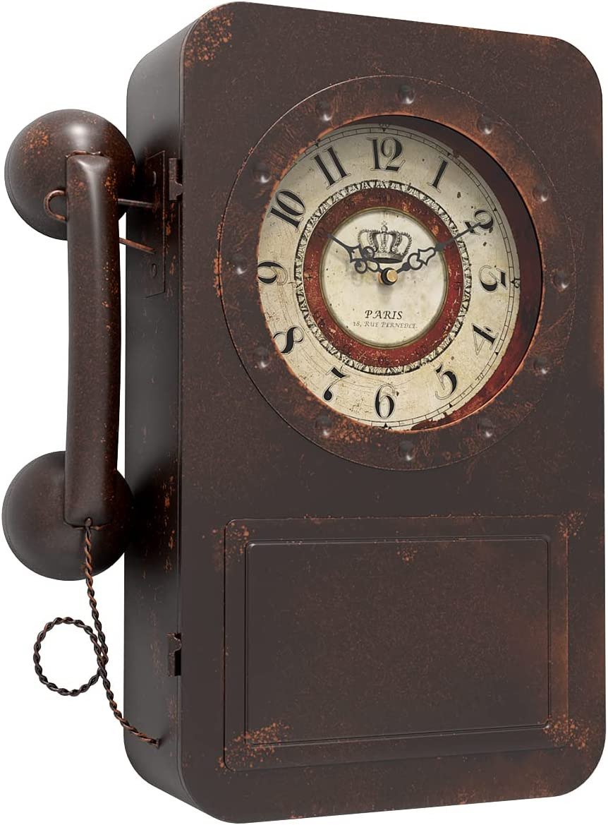 Retro Old Telephone Wall Clock with Hidden Safe, Battery Operated Quartz Metal W