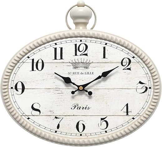 Retro Oval Wall Clock. White Vintage Antique Style. Battery Operated Decor Wall Clocks for Farmhouse,Kitchen,Bedroom,Bathroom (10.5