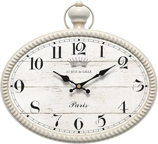 Retro Oval Wall Clock. White Vintage Antique Style. Battery Operated Decor Wall Clocks for Farmhouse,Kitchen,Bedroom,Bathroom (10.5 H x 11.3 W)