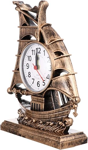 Retro Sailboat Alarm Clock Nautical Boat Figurine Time Clock Lucky Fengshui Table Desk Clock Bedside Desktop Decoration Without Battery for Men Women Golden