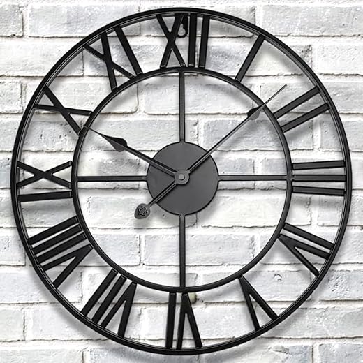 Retro Silent 24 inch Large Roman Numeral Wall Clock, Indoor Loft, Bedroom, Living Room, Porch Art Decor Metal Clocks, Outdoor Farmhouse Patio Waterproof, Battery Operated Antique Black Clock