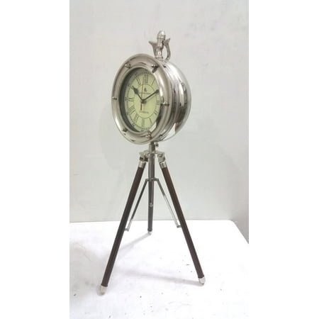 RETRO Vintage Style Table Top Desk CHROME Clock Collectible Watch Decorative With Wooden TRIPOD