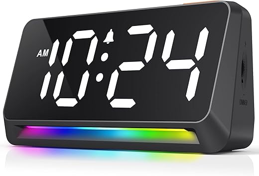 [RGB] Super Loud Alarm Clock for Bedroom, Heavy Sleepers, Adults, Teens, Kids | Small Bedside Digital Clock with Dynamic RGB Atmosphere Light, LED Display, USB Charger, 12/24Hr, Snooze, Battery Backup