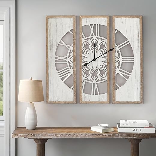 RiteSune Unique 30 Wall Clocks for Living Room Decor, Oversized Farmhouse Wall Clock Battery Operated, Triptych Panel Wooden Large Clock Wall Art for Bedroom Entryway