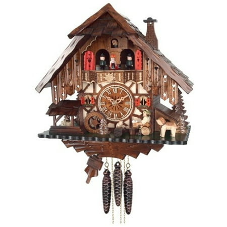 River City Clocks One Day Musical Cuckoo Clock Cottage with Beer Drinker, Waterwheel, and Dancers