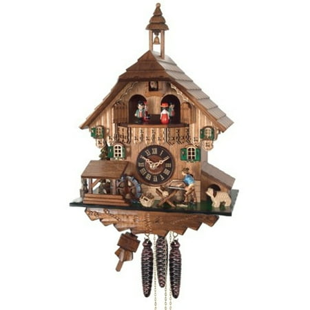 River City Clocks One Day Musical Cuckoo Clock Cottage with Man Sawing Wood