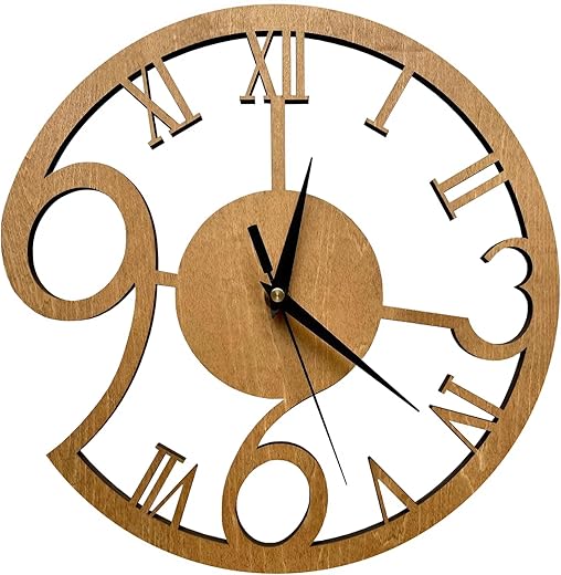 Rizalit Wood Wall Clock Artistic Modern Classic Style Unique Design 11.5 Inch for Living Kitchen Office Bedroom Silent Non Ticking Battery Operated