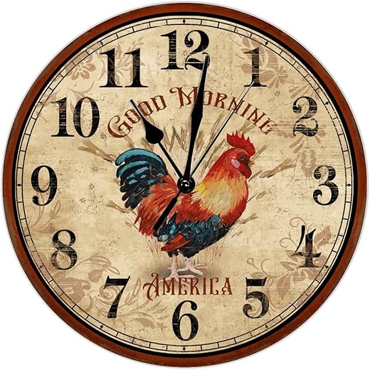 Rooster Clock Chicken Clock Kitchen Clock Good Morning Rustic Cock 10 Inch Round Wall Clocks Battery Operated Silent Rustic Wall Decor for Living Room Bedroom Office