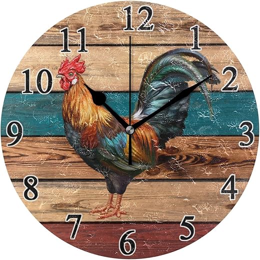 Rooster Farmhouse Wall Clock Round Kitchen Clock 10 in Non-Ticking Silent Battery Operated Quartz Atomic Analog Clocks Decorative Living Room Bedroom Home Art Decor