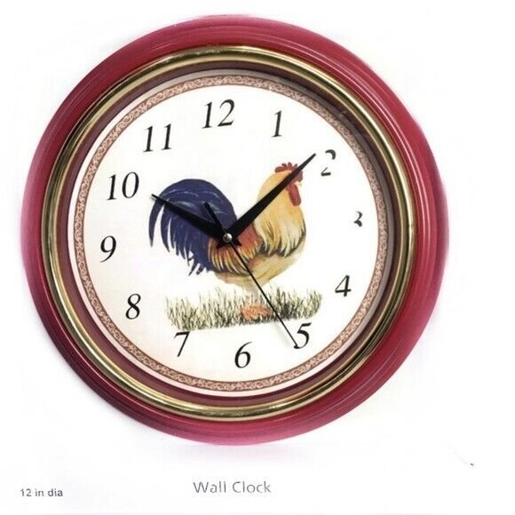 Rooster Wall Clock Round Colorful Retro MCM Vintage Style Clock 12” Red