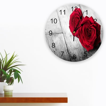 Rose Flower Red Love Wooden Board Wall Clock Modern Design Silent Bedroom Living Room Decoration Round Hanging Clocks