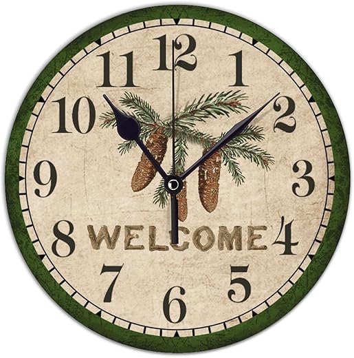 Round Clock Silent Non-Ticking, Pinecone Large Vintage Clocks Round Kitchen Wall Clocks Decor for House Bathroom Kids Room Housewarming Gift, Battery Operated 12x12 Inches